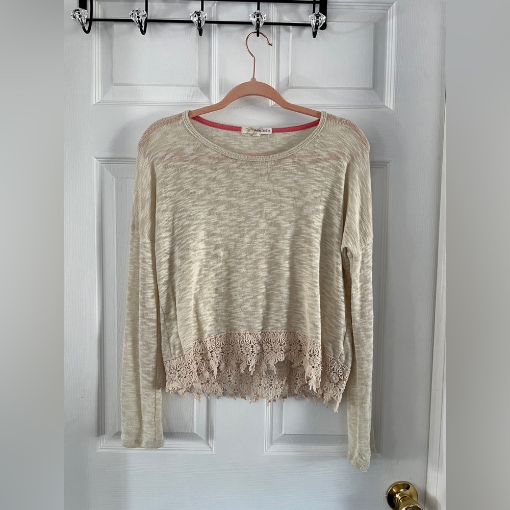 Cream Long Sleeve Sweater with Lace Hem